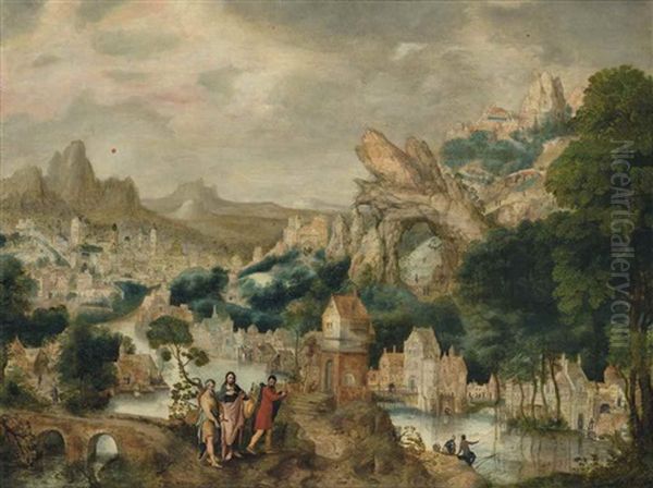 A Mountainous River Landscape With Christ On The Road To Emmaus Oil Painting by Herri met de Bles