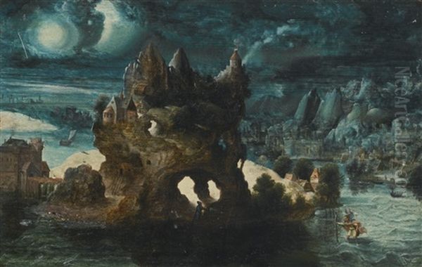 A Fantastical Moonlit Landscape With St. Christopher Carrying The Christ Child Across A River Oil Painting by Herri met de Bles