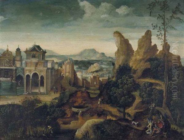 A Mountainous Landscape With The Feast Of Herod And The Dream Of Joseph Oil Painting by Herri met de Bles