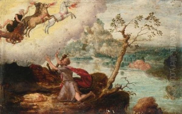 Elijah Ascending To Heaven In The Fiery Chariot Oil Painting by Herri met de Bles