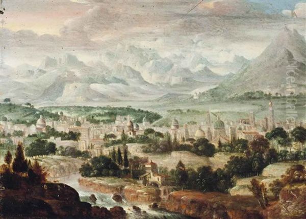 A River Landscape With A Town, Mountains Beyond Oil Painting by Herri met de Bles