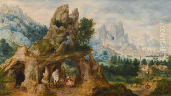 An Extensive Rocky Landscape With The Flight Into Egypt Oil Painting by Herri met de Bles