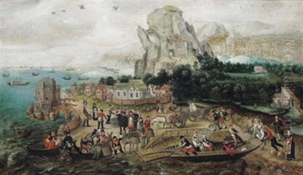 Gebirgige Kustenlandschaft Mit Einem Kastell Uber Einem Dorf Und Vielen Figuren (collab. With Jan Van Wechelen) Oil Painting by Herri met de Bles