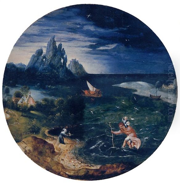 An Extensive River Landscape With Saint Christopher Carrying The Christ Child Oil Painting by Herri met de Bles