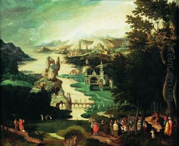 La Predication De Saint Jean Baptiste Devant Un Paysage Panoramique Oil Painting by Herri met de Bles