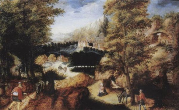 An Extensive Wooded Landscape With The Flight Into Egypt Oil Painting by Herri met de Bles