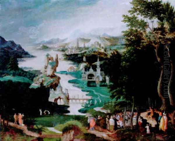 Flusslandschaft Mit Episoden Aus Dem Leben Johannes Des Taufers Oil Painting by Herri met de Bles