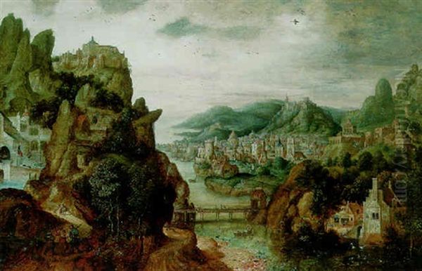 A Panoramic Mountain Landscape, With An Extensive Town By A River, Christ With Cleopas And Peter On The Way To Emmaus... Oil Painting by Herri met de Bles