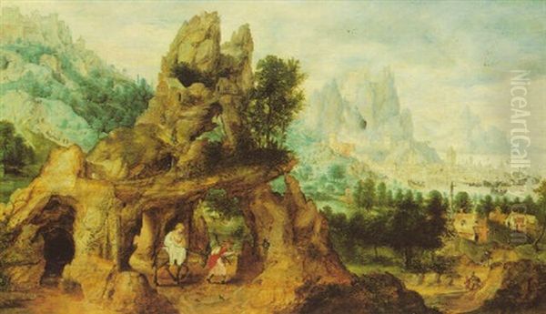 An Extensive Rocky Landscape With The Flight Into Egypt Oil Painting by Herri met de Bles