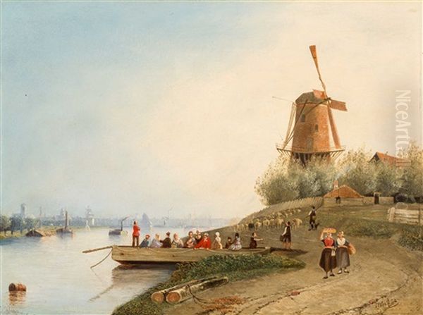 River Landscape With Ferry In The Surroundings Of Wijk Bij Duurstede Oil Painting by Joseph Bles