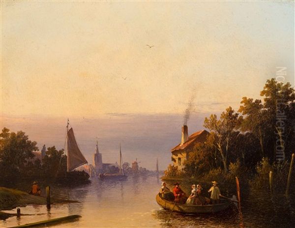 Dutch River View With Figures In The Area Of Overschie by Joseph Bles