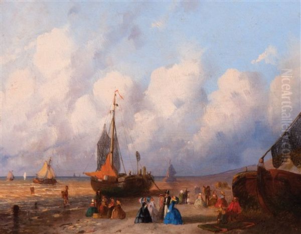 Figures And Bomschuiten On The Beach At Scheveningen (+ Another; 2 Works) Oil Painting by Joseph Bles