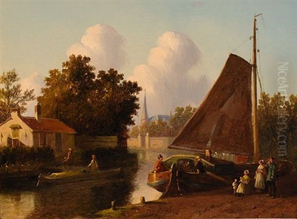 Moored Flat-bottom Boat (+ By The River Bank, Oil On Panel; 2 Works) Oil Painting by Joseph Bles