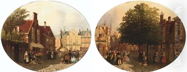 A Lively Market Square (+ A Musical Gathering In Scheveningen; Pair) Oil Painting by Joseph Bles