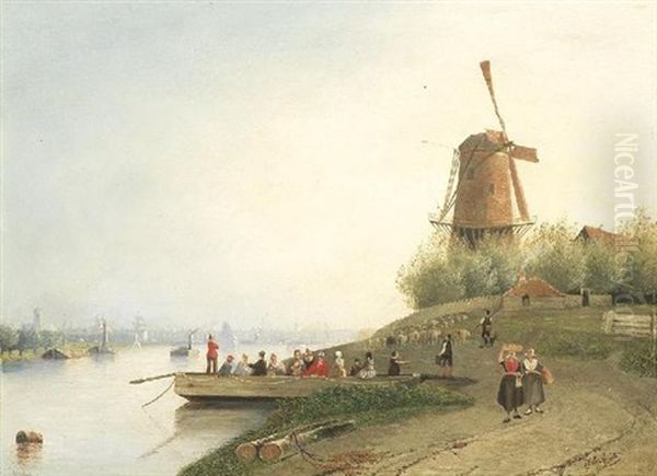 Hollandische Fluslandschaft Mit Personen Auf Einem Fahrboot Oil Painting by Joseph Bles