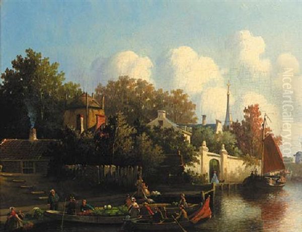 A Village Scene: Merchants In Rowing Boats Oil Painting by Joseph Bles