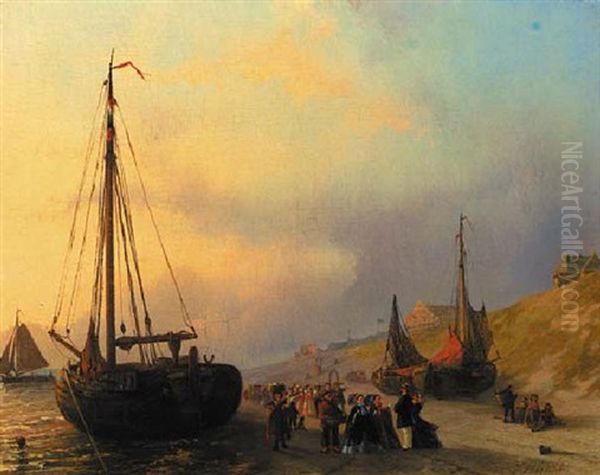 Elegant Figures Meeting On The Beach At Schevenigen Oil Painting by Joseph Bles