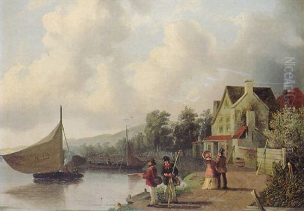 Figures Promenading Beside A River Oil Painting by Joseph Bles