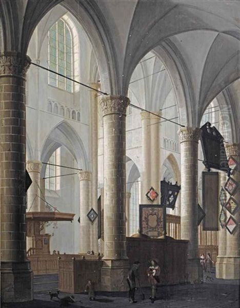 The Interior Of The Grote Kerk In Dordrecht, With Figures Conversing And Children Playing Oil Painting by Daniel de Blieck