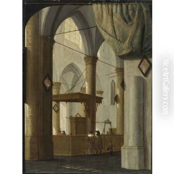 Interior Of The Grote Kerk, Dordrecht With An Elegant Couple, A Trompe-l'oeil Curtain Above, Set Against A Feigned Black Frame Oil Painting by Daniel de Blieck