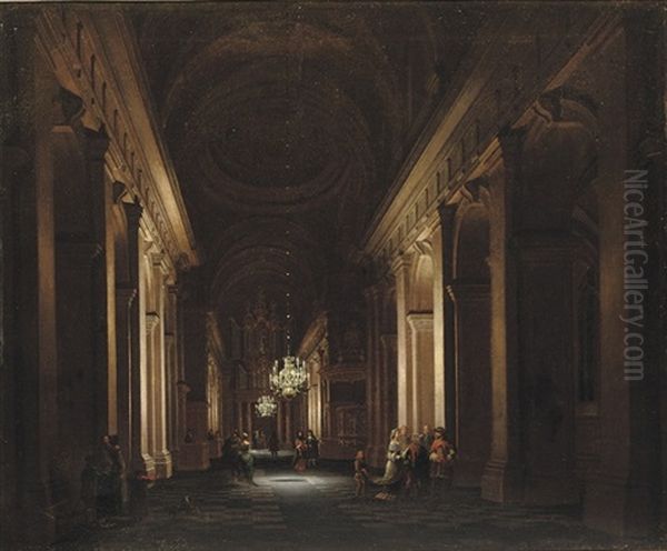 A Classical Church Interior With Elegant Figures Conversing By Candlelight Oil Painting by Daniel de Blieck