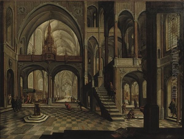 An Interior Of A Gothic Church With A Procession Moving Towards The Altar Oil Painting by Daniel de Blieck