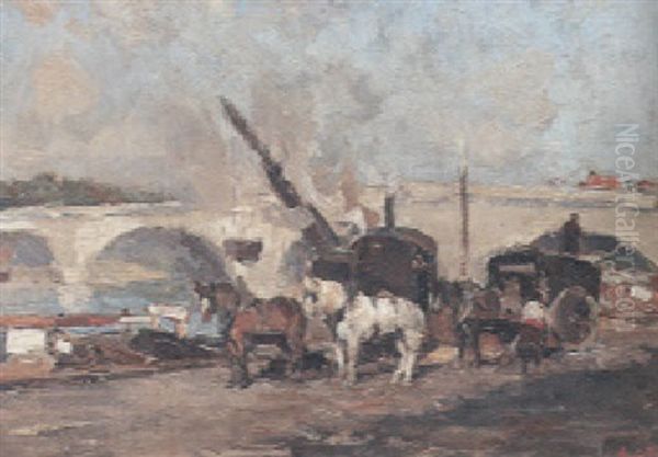 A View Of The Pont Neuf With Horses And Workers On The Quai In The Foreground Oil Painting by Maurice Blieck