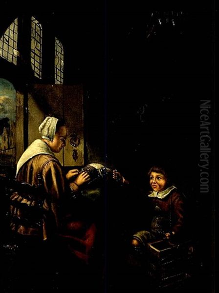 Bub Und Magd Beim Kloppeln In Einer Stube Oil Painting by Pieter Bliek