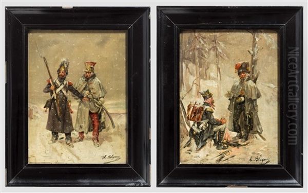 Albert Bligny (1849 - 1908) - Zwei Szenen Des Russlandfeldzuges 1812 Oil Painting by Albert Bligny