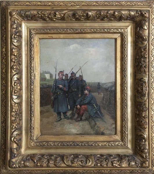 French Soldiers Marching Through A Trench, During The Franco-prussian War Oil Painting by Albert Bligny