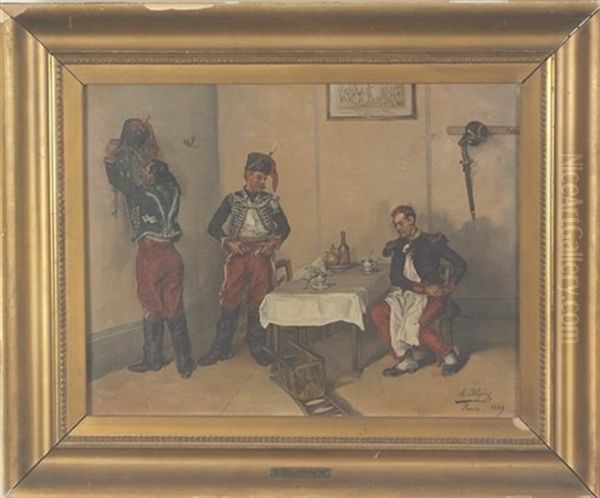 Three Infantrymen Indoors Oil Painting by Albert Bligny