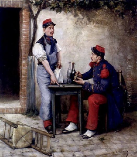 Vor Der Kantine Der Kavallerie Berlangt Der Schenkkellner Geld Vom Ofizier Oil Painting by Albert Bligny