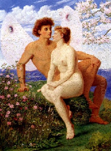 Amor Og Psyke I Blomsterne Bjerglandskab Oil Painting by Rudolf Blind