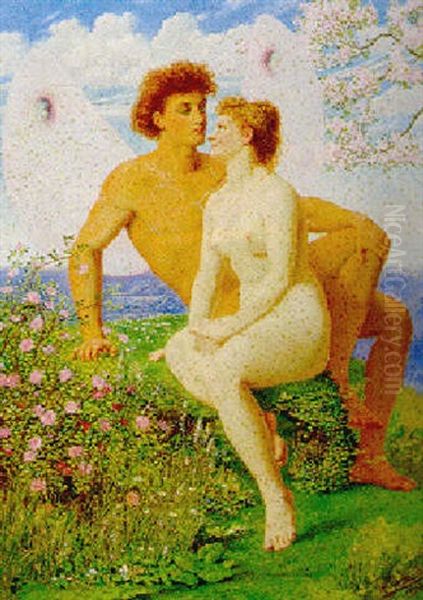 Amor Og Psyke I Blomsterne Bjerglandskab Oil Painting by Rudolf Blind