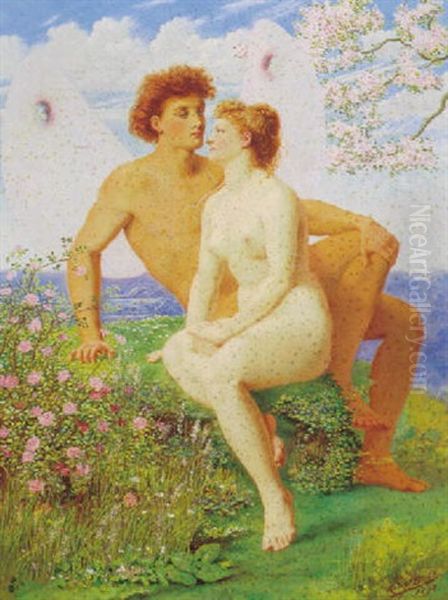 Amor Og Psyke I Blomsterne Bjerglandskab Oil Painting by Rudolf Blind