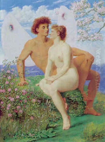 Amor Og Psyke I Blomsterne Bjeglandskab Oil Painting by Rudolf Blind