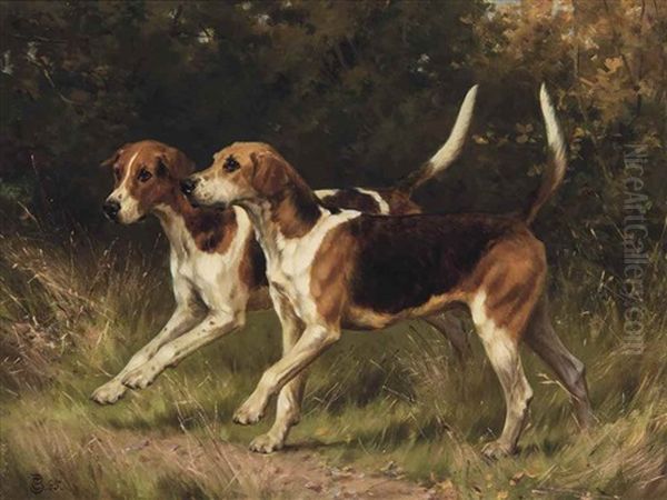 Two Foxhounds Oil Painting by Thomas Blinks