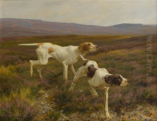 English Pointers In A Landscape Oil Painting by Thomas Blinks