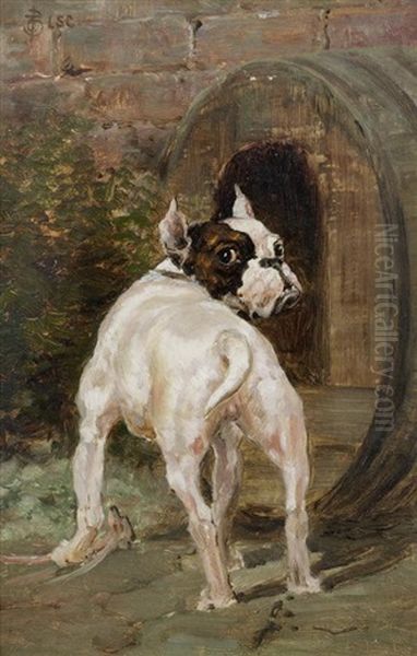 A Jack Russell Aboard A Boat; A Bulldog By A Kennel, A Pair Oil Painting by Thomas Blinks