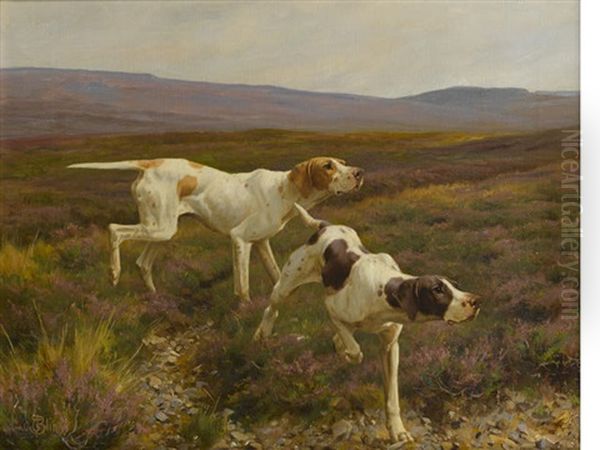 English Pointers In A Landscape Oil Painting by Thomas Blinks