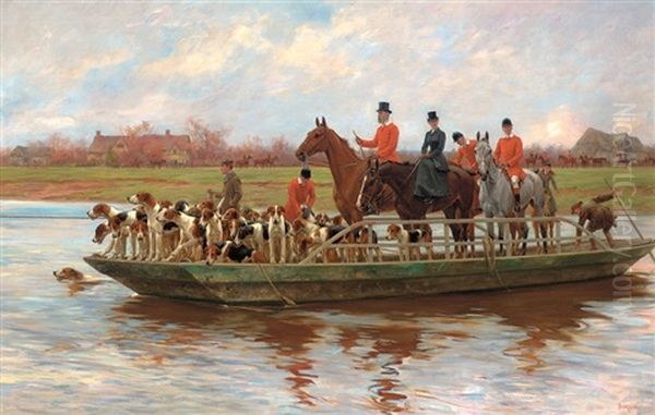 Mr. Edward Lycett Green And The York And Ainsty Hounds On The Ferry At Newby Oil Painting by Thomas Blinks