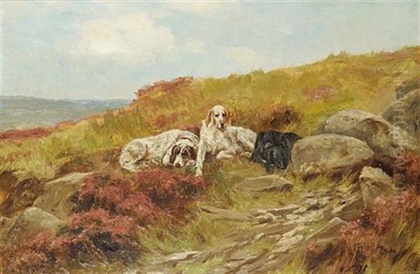 Three Setters In A Landscape Oil Painting by Thomas Blinks