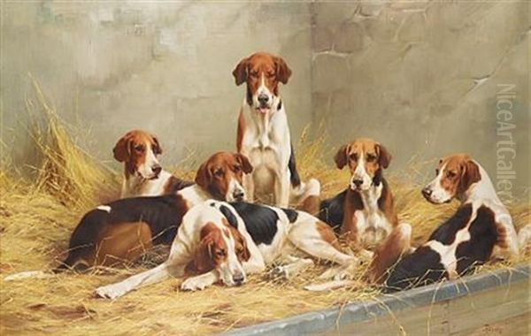 Hounds In A Kennel Oil Painting by Thomas Blinks