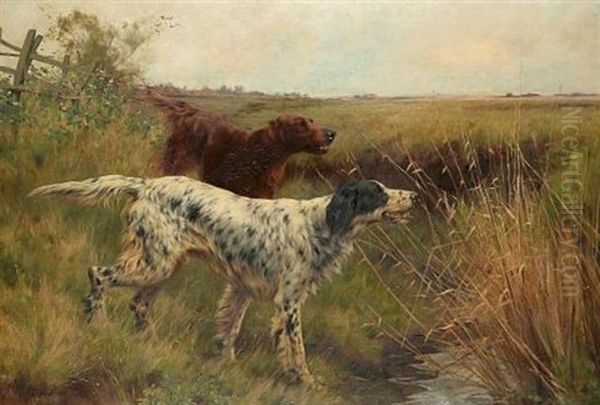 An English Setter And An Irish Setter In A Landscape Oil Painting by Thomas Blinks