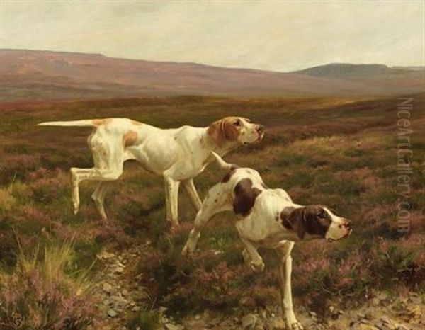 Two English Pointers In A Landscape by Thomas Blinks