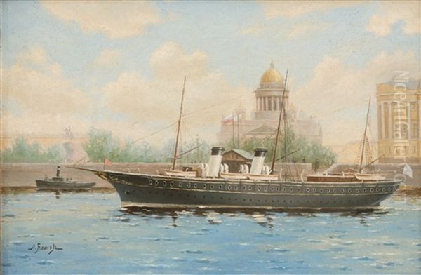 The Imperial Yacht Shtandart On The River Neva Near Senatskaya Square Oil Painting by Leonid Demyanovich Blinov