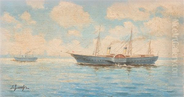 Ships By The Coast Oil Painting by Leonid Demyanovich Blinov