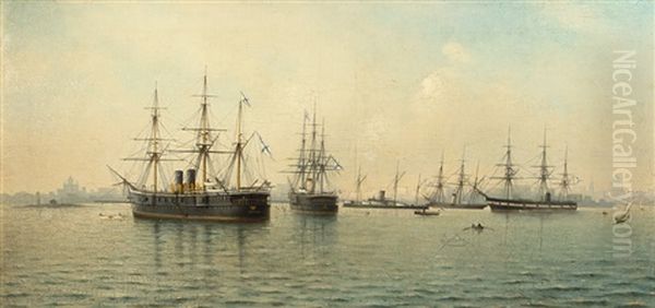 Cruisers Minin And Kronstadt Oil Painting by Leonid Demyanovich Blinov