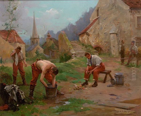 Rekruten Beim Waschen Und Gemuse Putzen Am Morgen Oil Painting by Alexandre Bloch