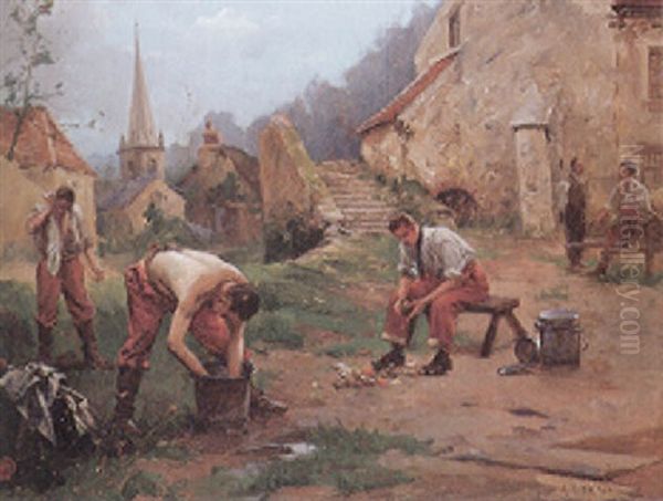 Soldaten Bei Der Morgendlichen Wasche In Einem Malerischen Kirchdorf Oil Painting by Alexandre Bloch